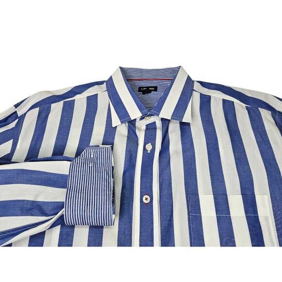 J. Peterman Striped Flip Cuff Button Up Dress Shirt Blue White Men's XL Preppy - Picture 1 of 12